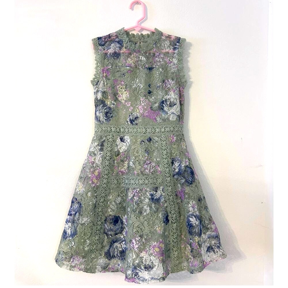 Knit Works Girls Green Floral Lace Dress Size 10 Elegant Party